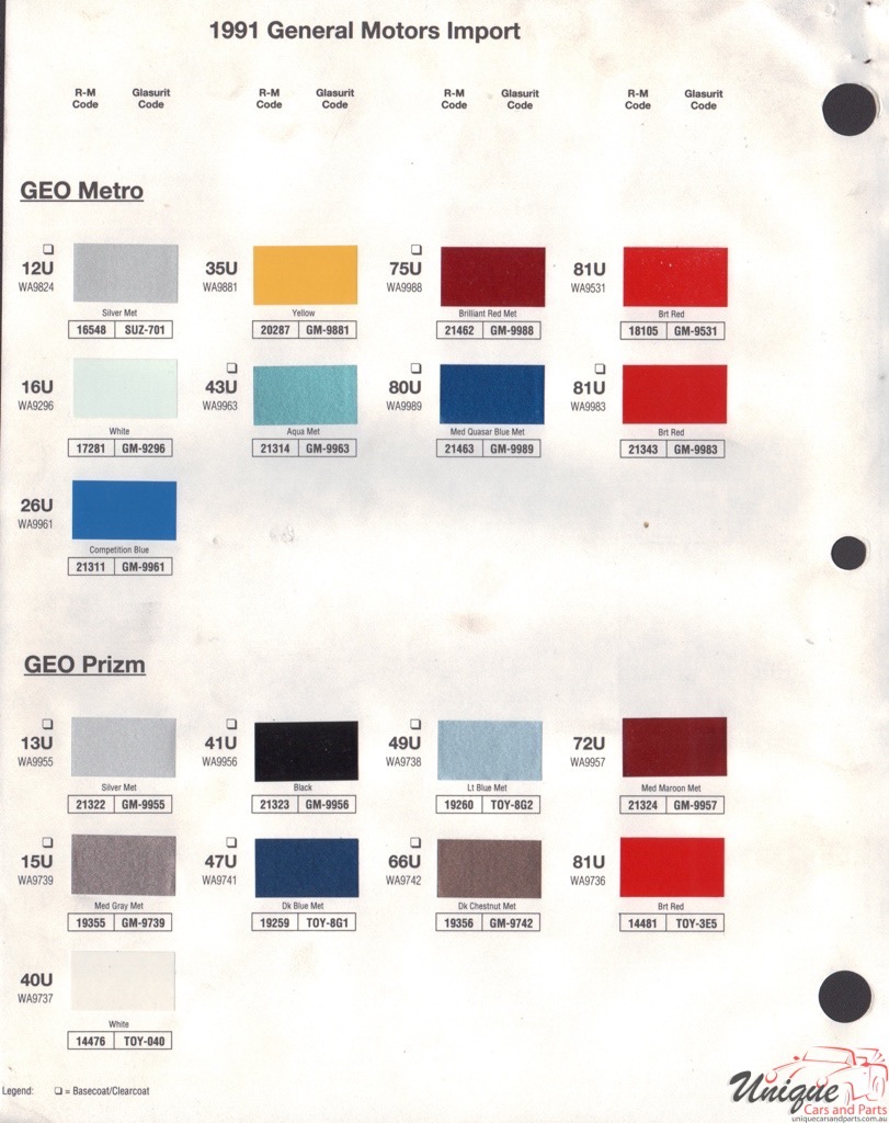 1991 General Motors Import Paint Charts RM 2